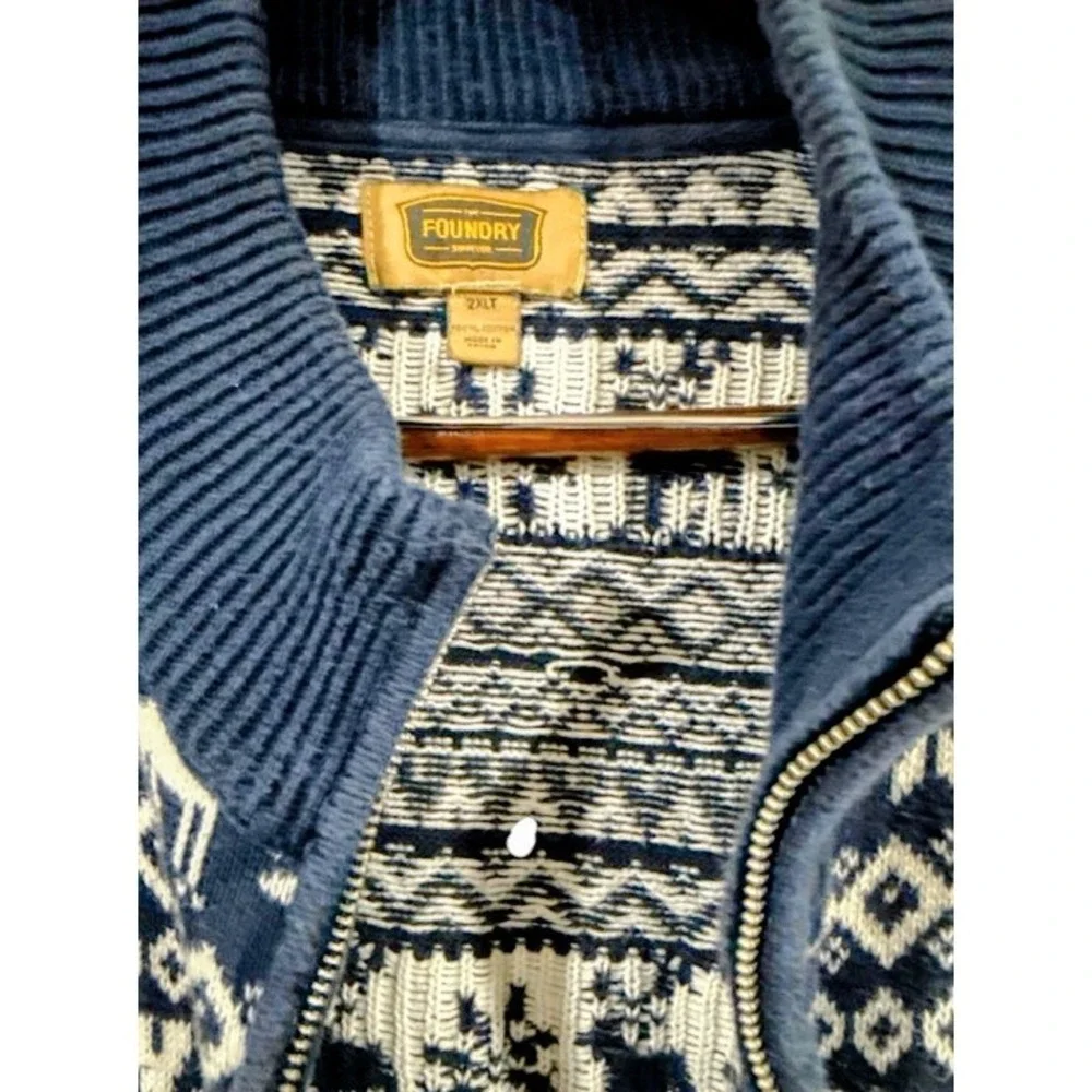 Mens 2XL Tall Fair Isle Reindeer Quarter Zip Cotton Sweater Nordic Ski Lodge